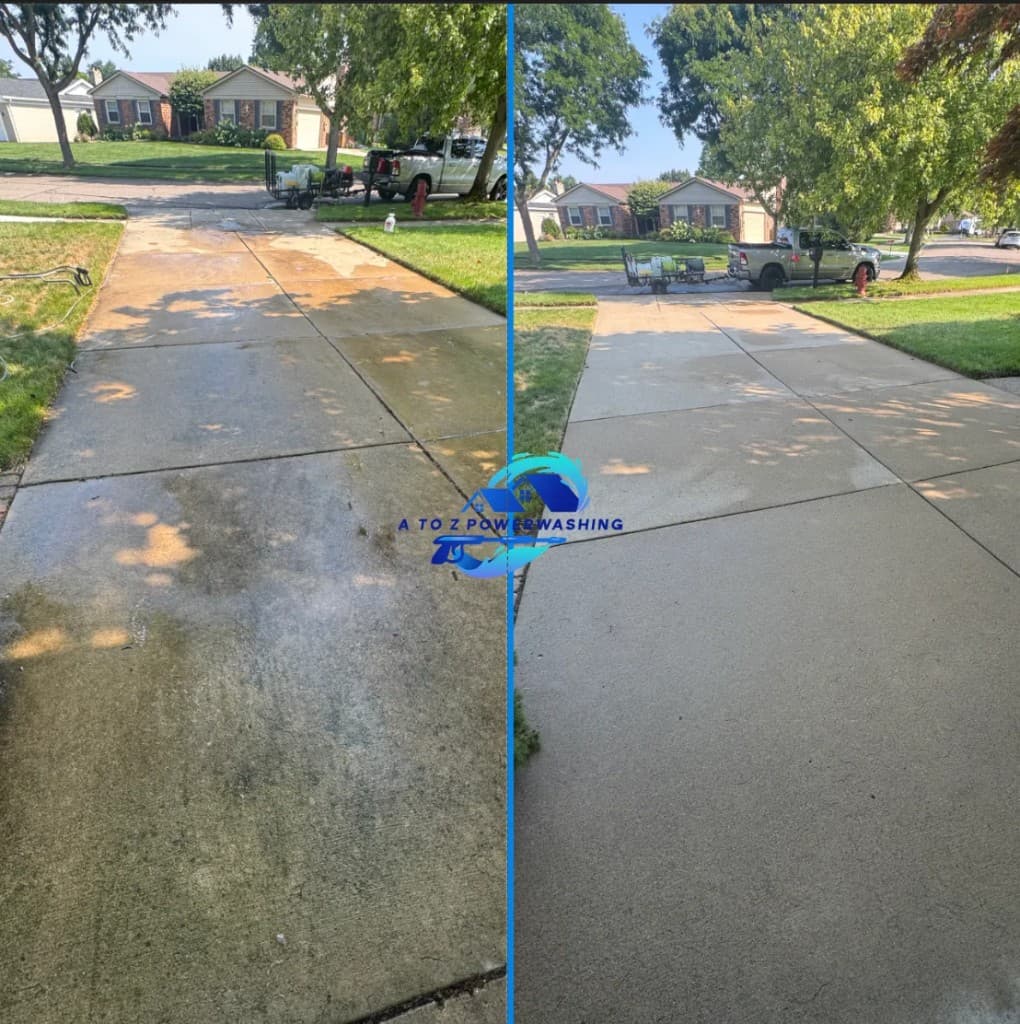 before and after driveway cleaning in Bloomfield Hills Michigan green algae and moss removed from concrete driveway by A to Z Power Washing