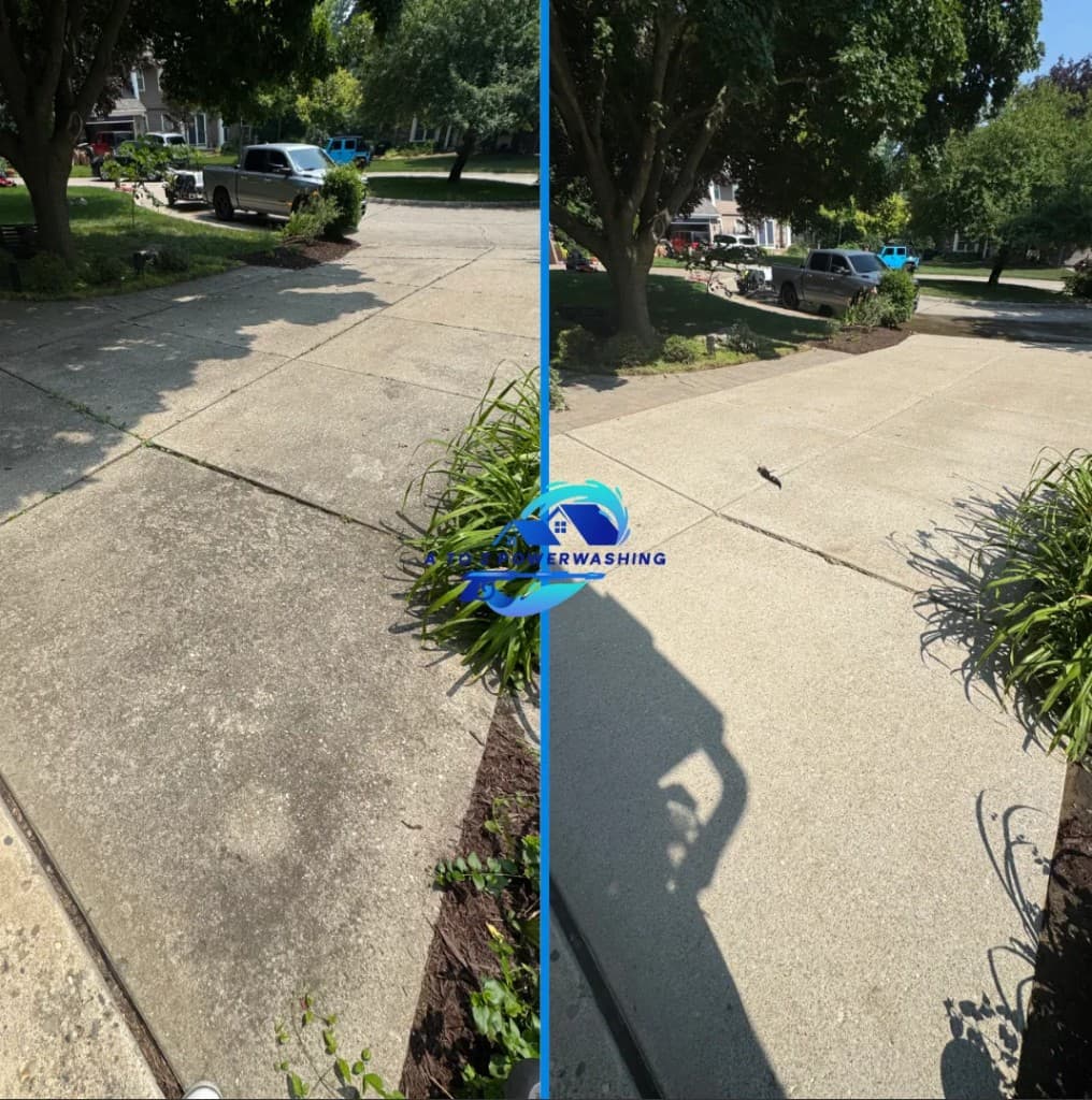 before and after driveway pressure washing in Northville Michigan dirty concrete slabs cleaned and weeds removed from joints by A to Z Power Washing