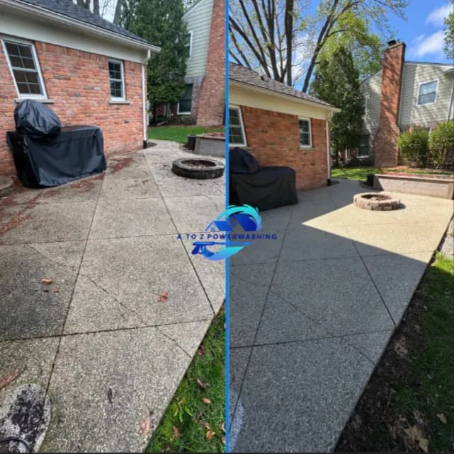 before and after patio pressure washing in Birmingham Michigan scored concrete patio algae and black stains removed by A to Z Power Washing