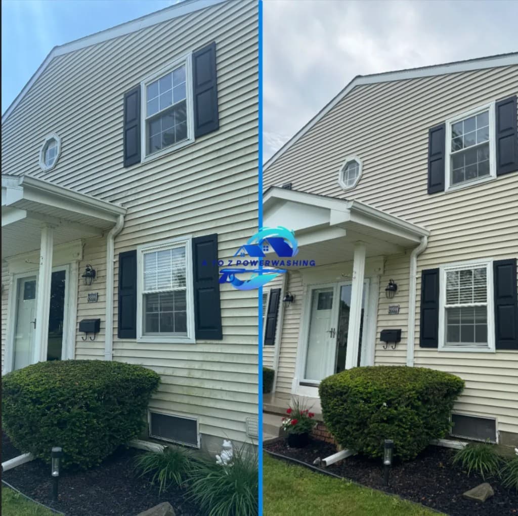 before and after house washing on beige siding in Farmington Hills Michigan green mold removed from two story home exterior by A to Z Power Washing