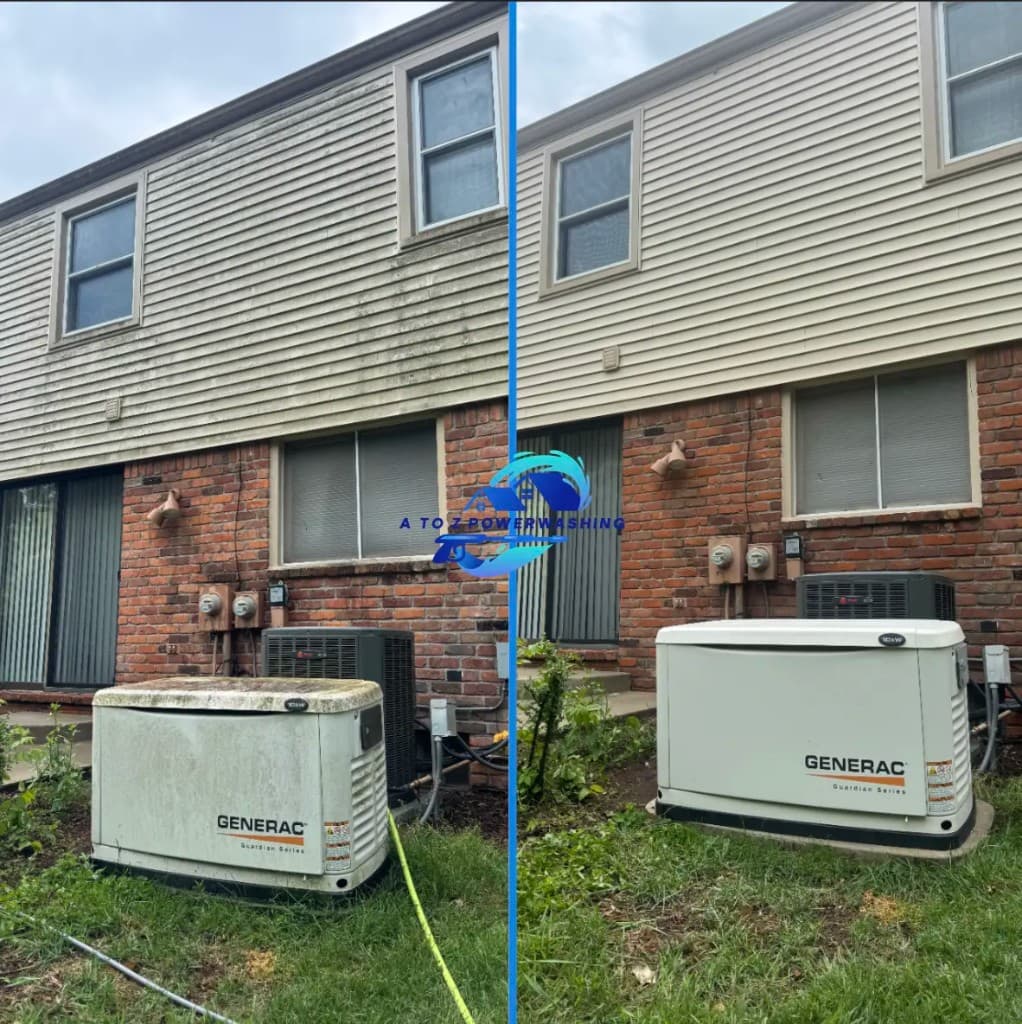 before and after house washing on tan vinyl siding and red brick in Oakland County Michigan green algae removed from exterior walls and Generac generator by A to Z Power Washing