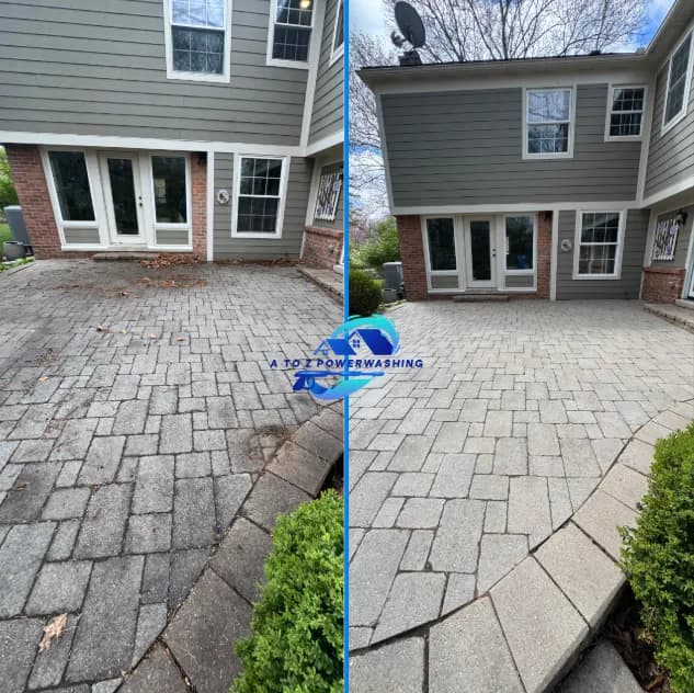 before and after stone paver patio cleaning Michigan dirty pavers restored to bright natural color behind residential home by A to Z Power Washing