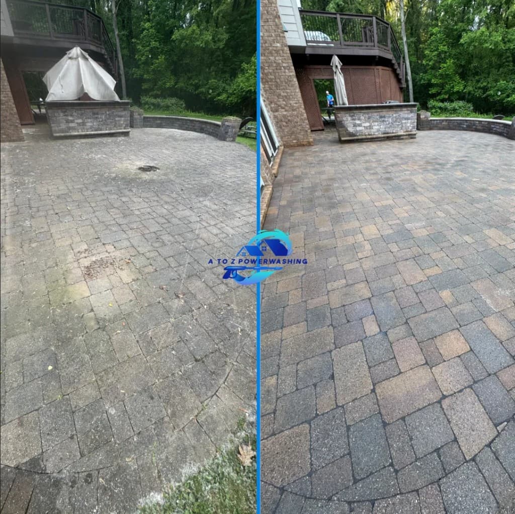 before and after curved paver patio cleaning in West Bloomfield Michigan moss removed from stone patio and outdoor kitchen area by A to Z Power Washing