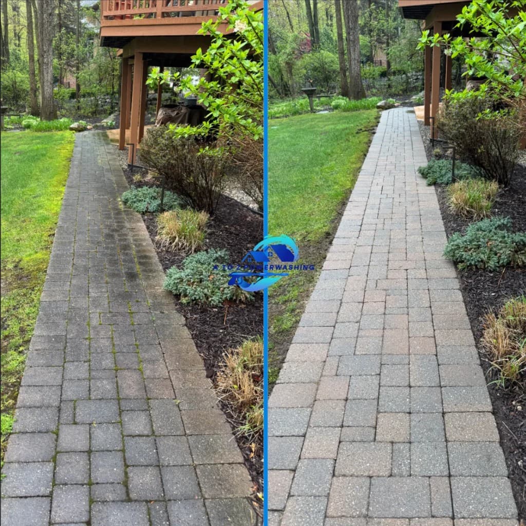 before and after brick paver walkway cleaning in West Bloomfield Michigan moss and dirt removed from joints by A to Z Power Washing